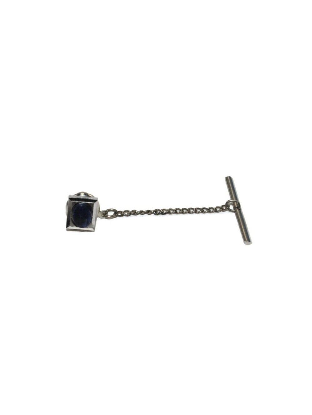 Vintage Swank Silver Tone and Oval Blue Plastic Rectangular Tie Tack with Chain.